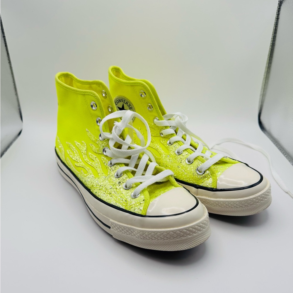 Converse High-Top Sneakers in Neon Yellow with Flame Design🔥